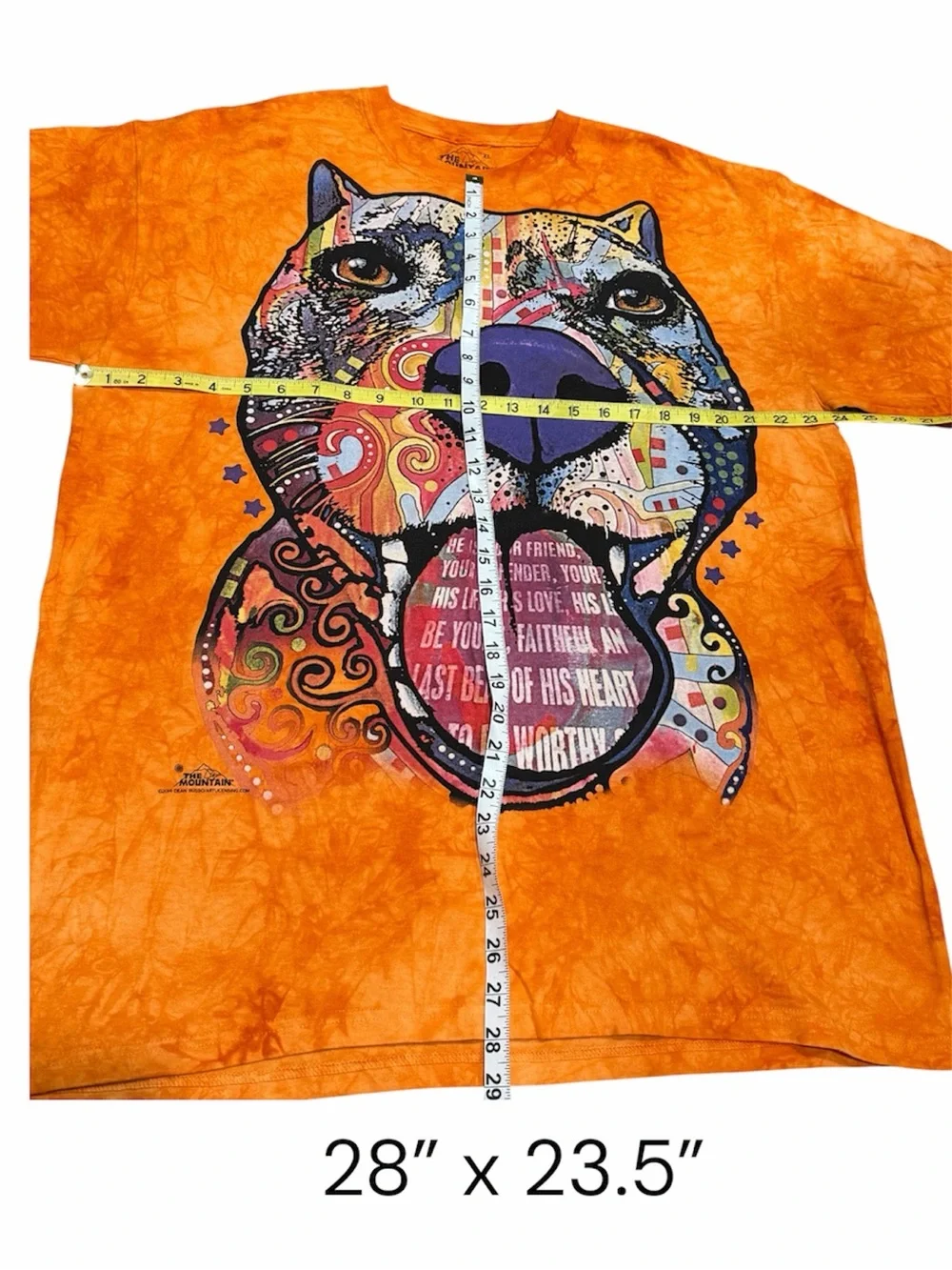 The Mountain Orange Tie-Dye Dog Graphic Tee with Multicolor Pit Bull Art